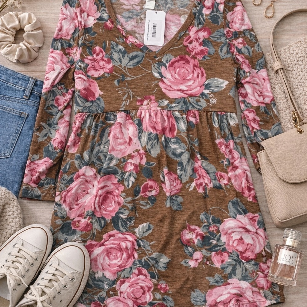 Sew In Love Floral Babydoll Dress Medium Pink Rose Boho Tunic Long Sleeve
